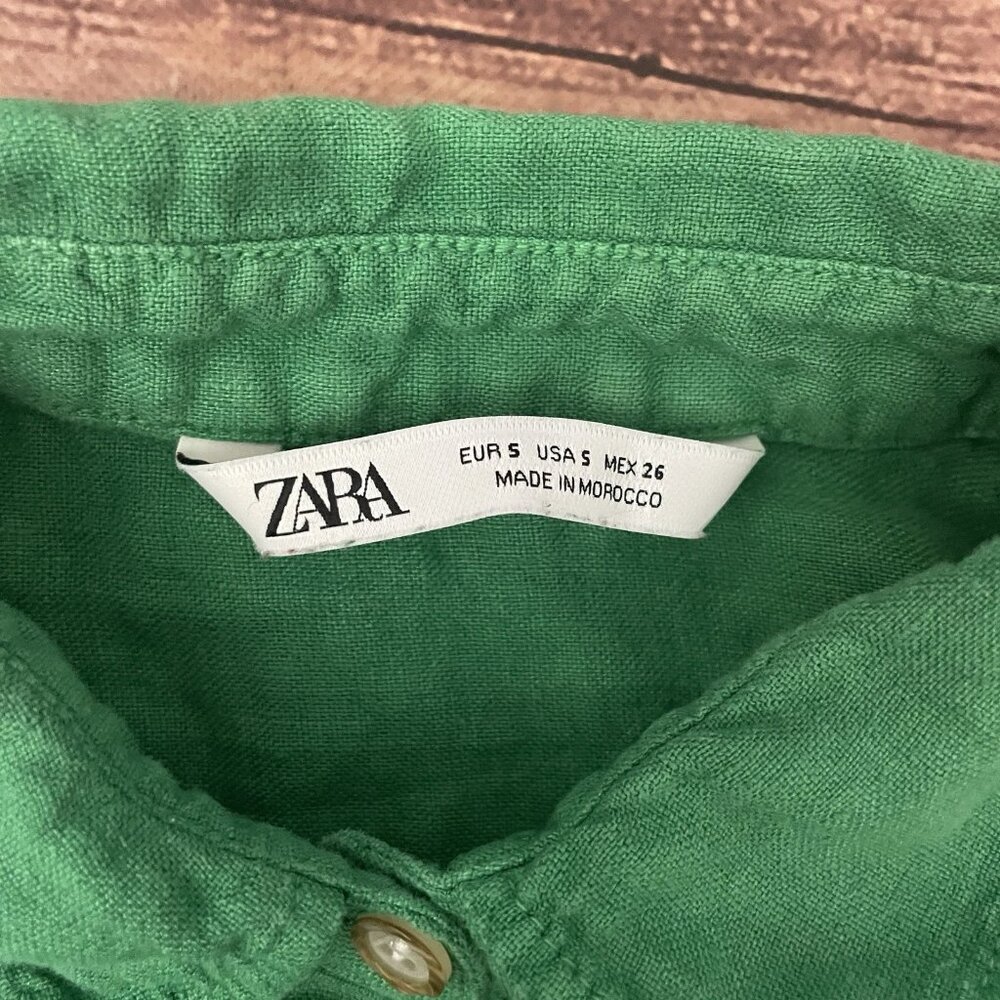 Women’s Zara Bright Green Short Sleeve Linen Collared Shirt Small - Picture 2 of 3